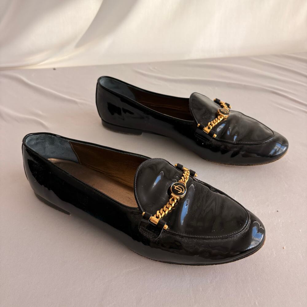 Vintage Joan & David Black Patent Leather Loafers - Gold Chain Hardware